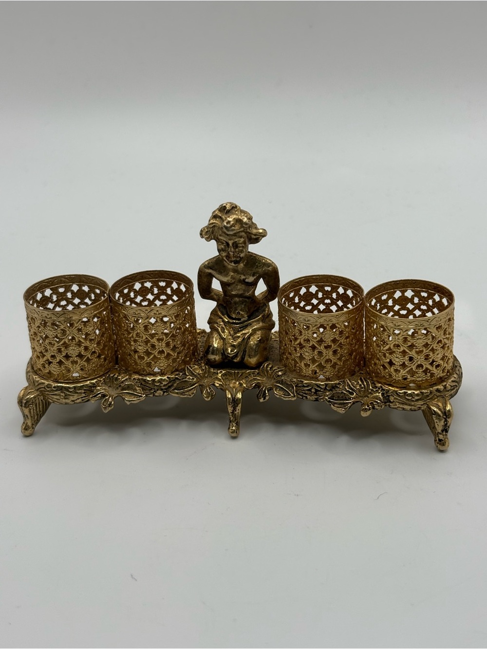 VTG Ornate Gold Tone Filigree 4 lipsticks Holder Hollywood Regency Style Cherub